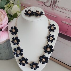 Pretty Navy Blue And Gold Floral Necklace And Earrings Set